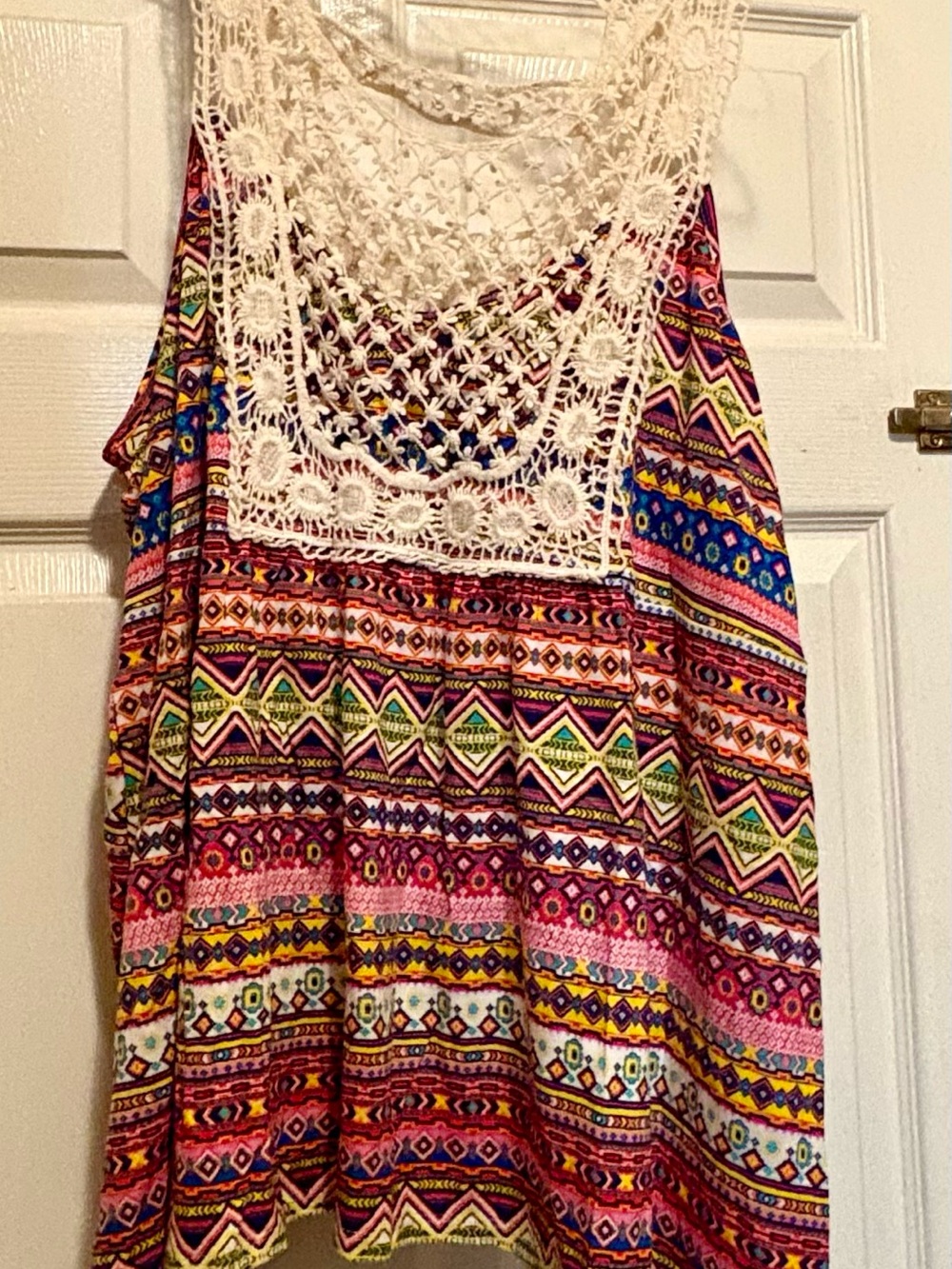 Self Esteem Cream Crochet Yoke Multicolor Tribal Tank-2X